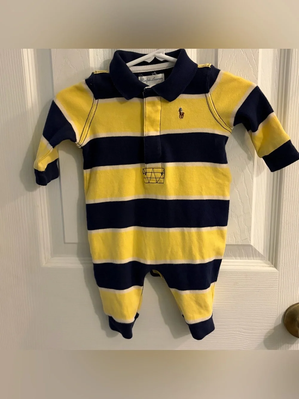 Ralph Lauren Baby Boy's Blue and Yellow Striped Collared Romper Size 3 Months